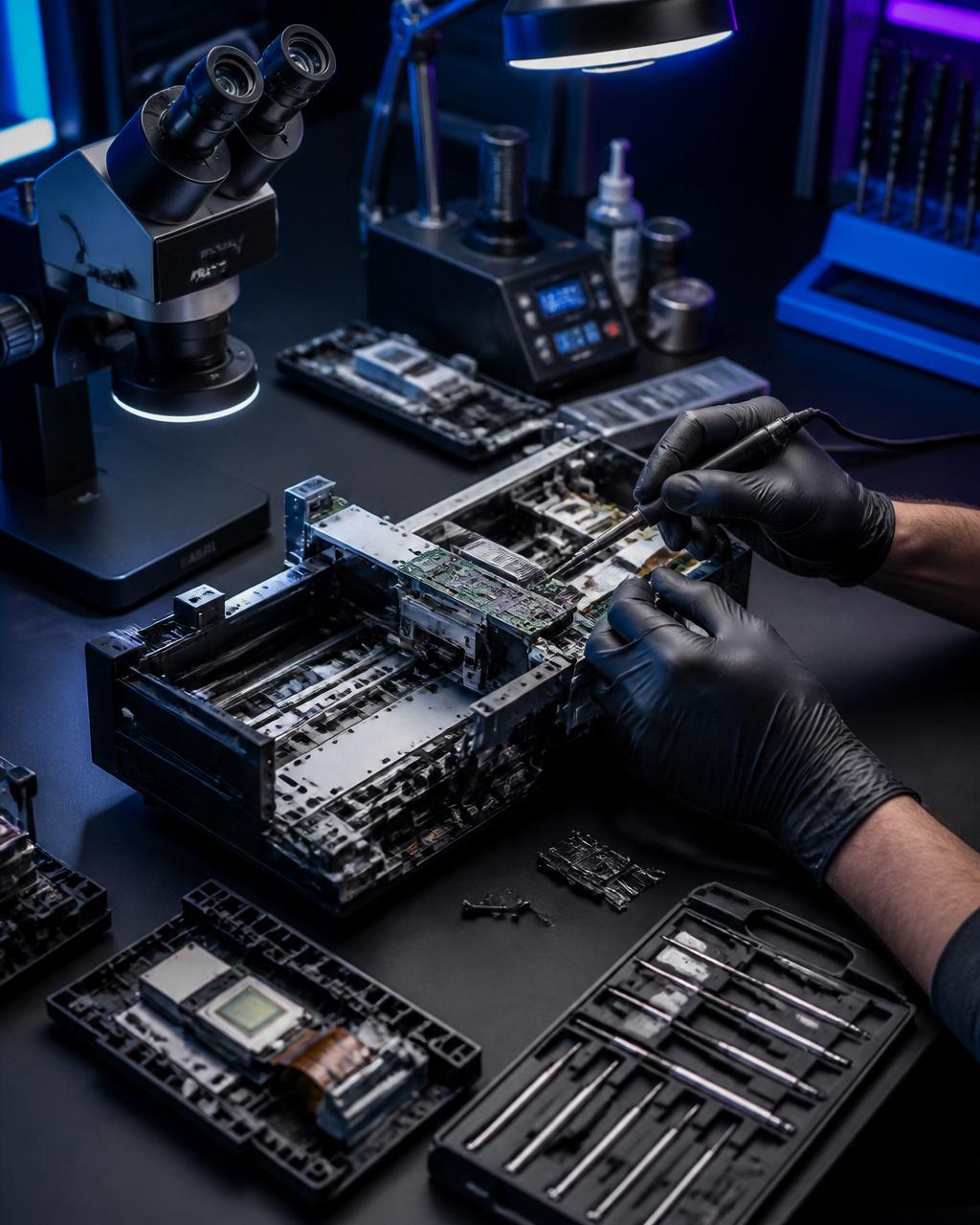 Reparo de precisão em impressora com luvas pretas e microscópio eletrônico
