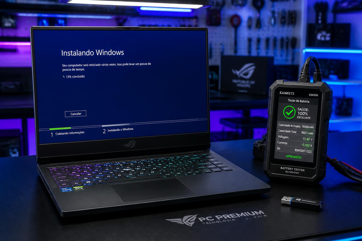 Notebook em bancada de testes pós-reparo