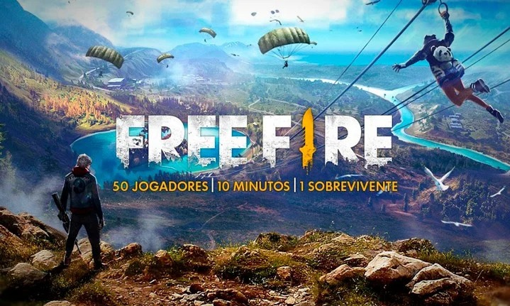 Arte de Free Fire com personagens em battle royale mobile