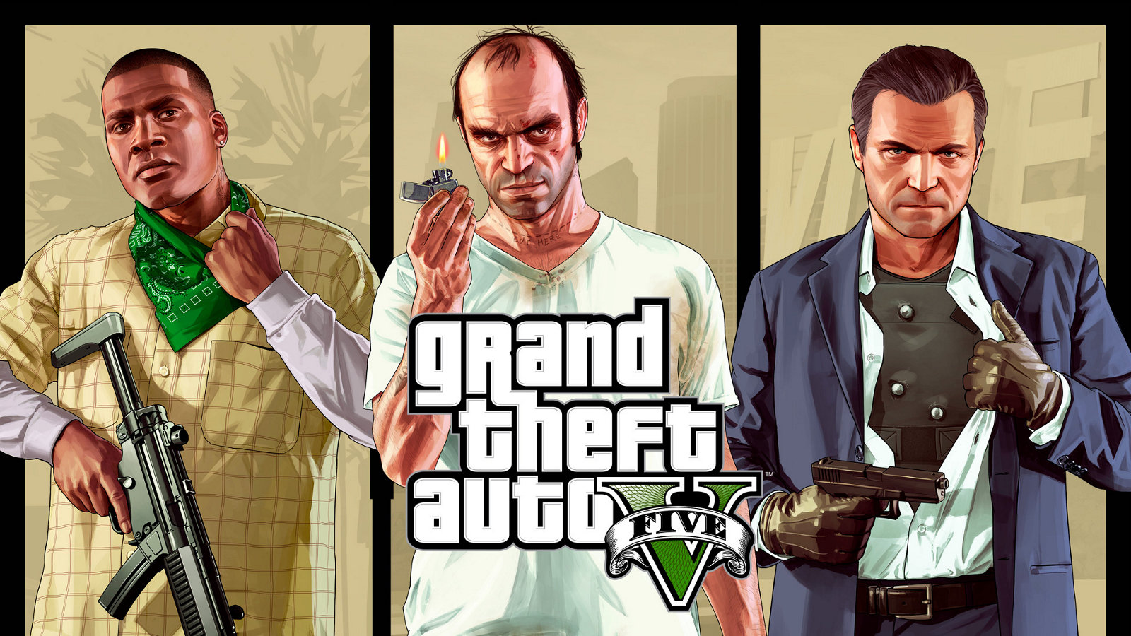 Arte oficial de GTA com protagonistas em cenário urbano