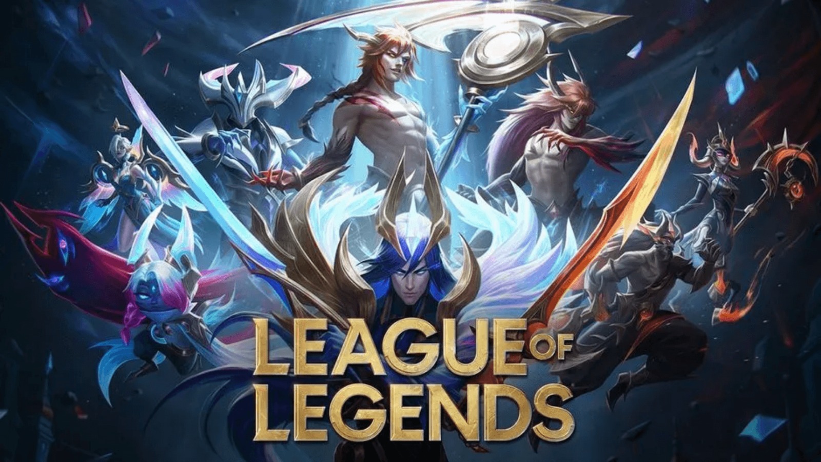 Arte de League of Legends com campeões em arena MOBA
