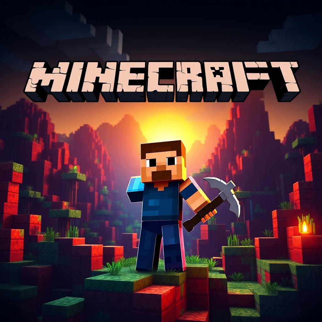 Arte de Minecraft com personagem enfrentando criatura em mundo voxel