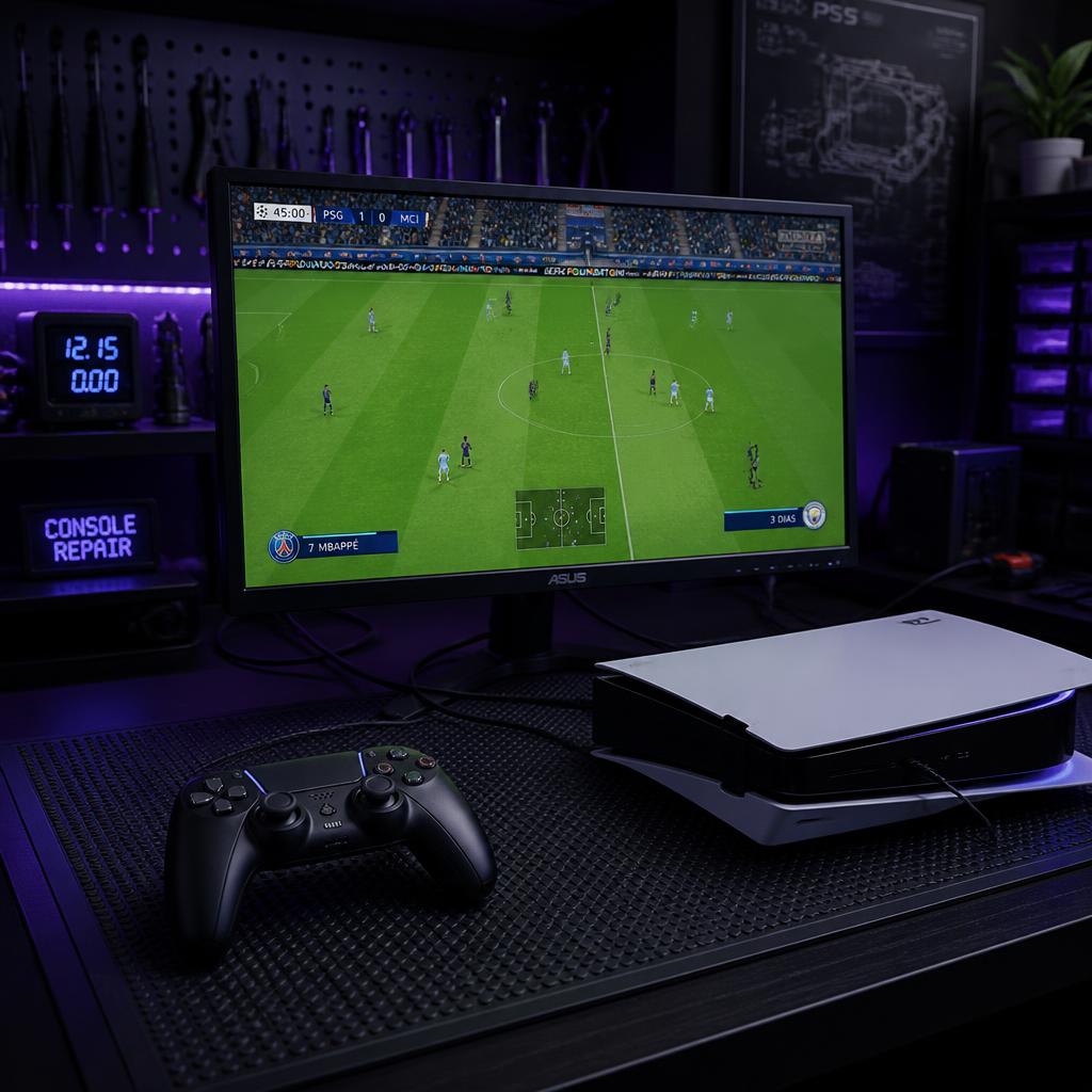 Videogame conectado em bancada de testes com monitor e controle